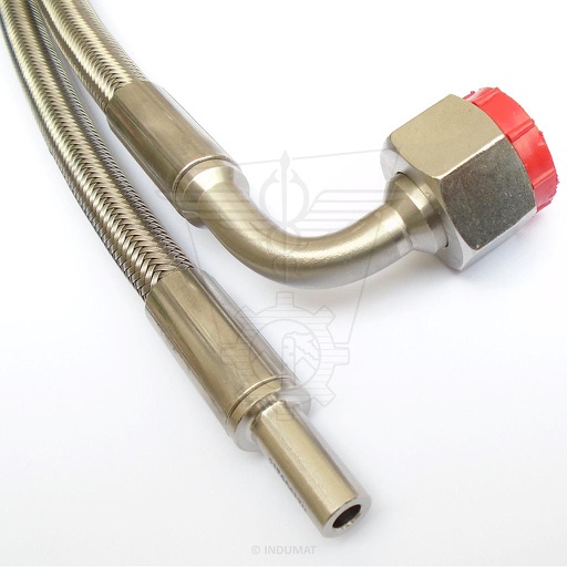 [437010SPF...D10F12C90] Tubo flessibile in PTFE rinforzato con treccia in acciaio inox SPF DN10 F1/2" 90° x D10 (AISI316L) con bussole in acciaio inox - 437SPF